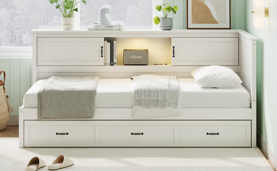 L Shaped Bed Frame With Drawer And And Bookcase,Corner Bed Wooden Captain Bed With Led Downlight And Usb Port For Small Room,Bedroom, Guest Room, Twin Size, White Box Spring Not Required Twin White Wood Bedroom Mid Century Modern,Modern Pine Bed Frame