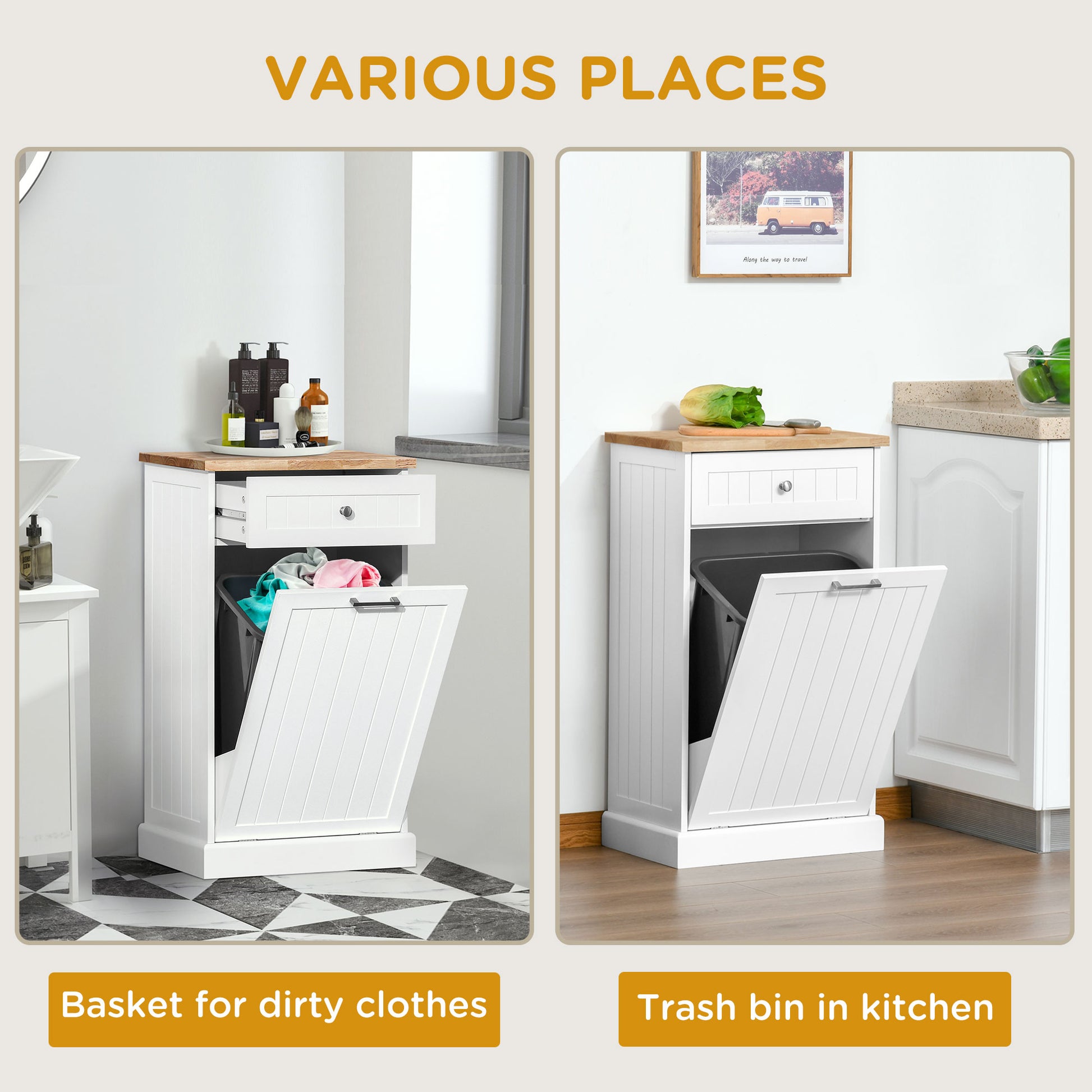 Homcom Kitchen Tilt Out Trash Bin Cabinet Free Standing Recycling Cabinet Trash Can Holder With Drawer, White White Mdf