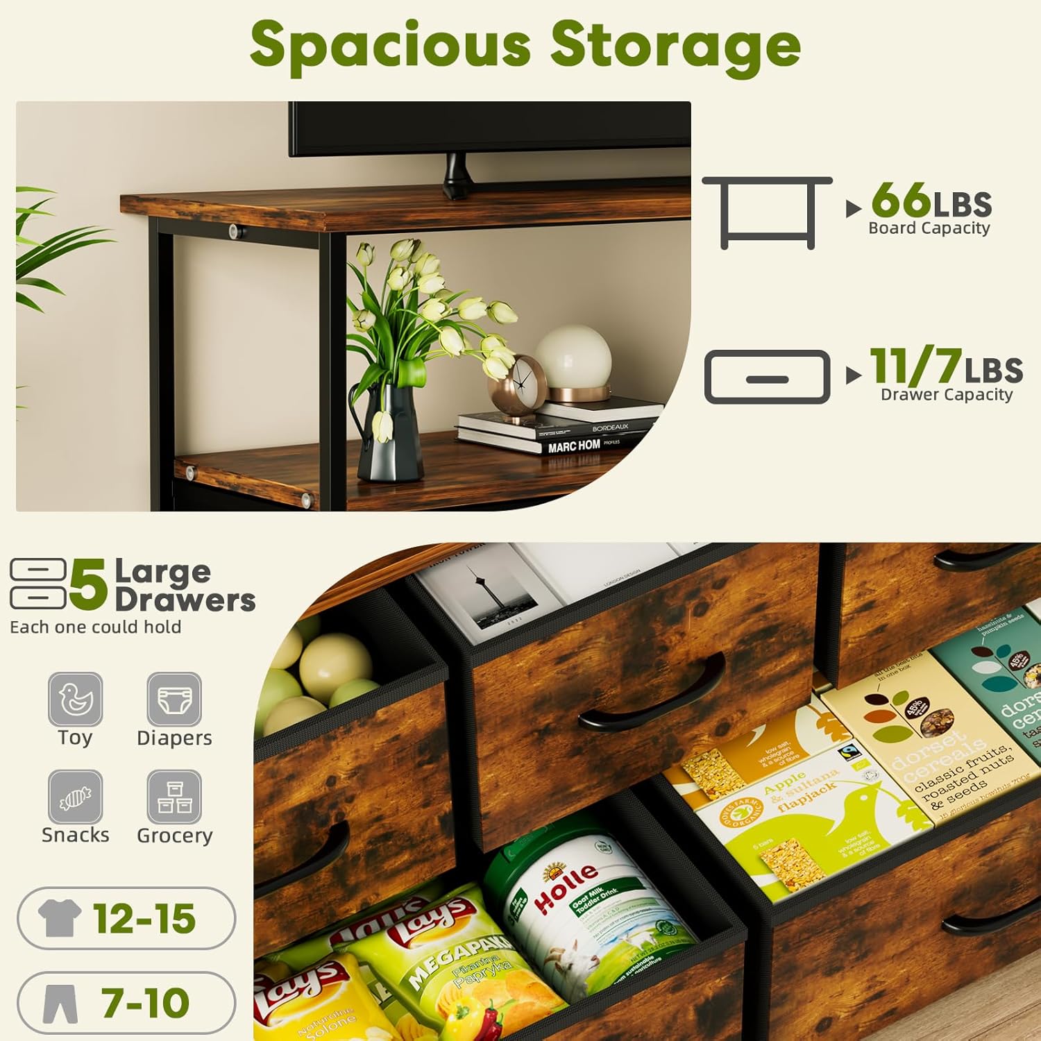 Tv Stand Dresser For Bedroom Entertainment Center With 5 Fabric Drawers, Storage Organizers Units For Living Room, Media Console Table With Open Shelf Up For 45" Tv, Rust, Wood Top Rust 39 Inches Or