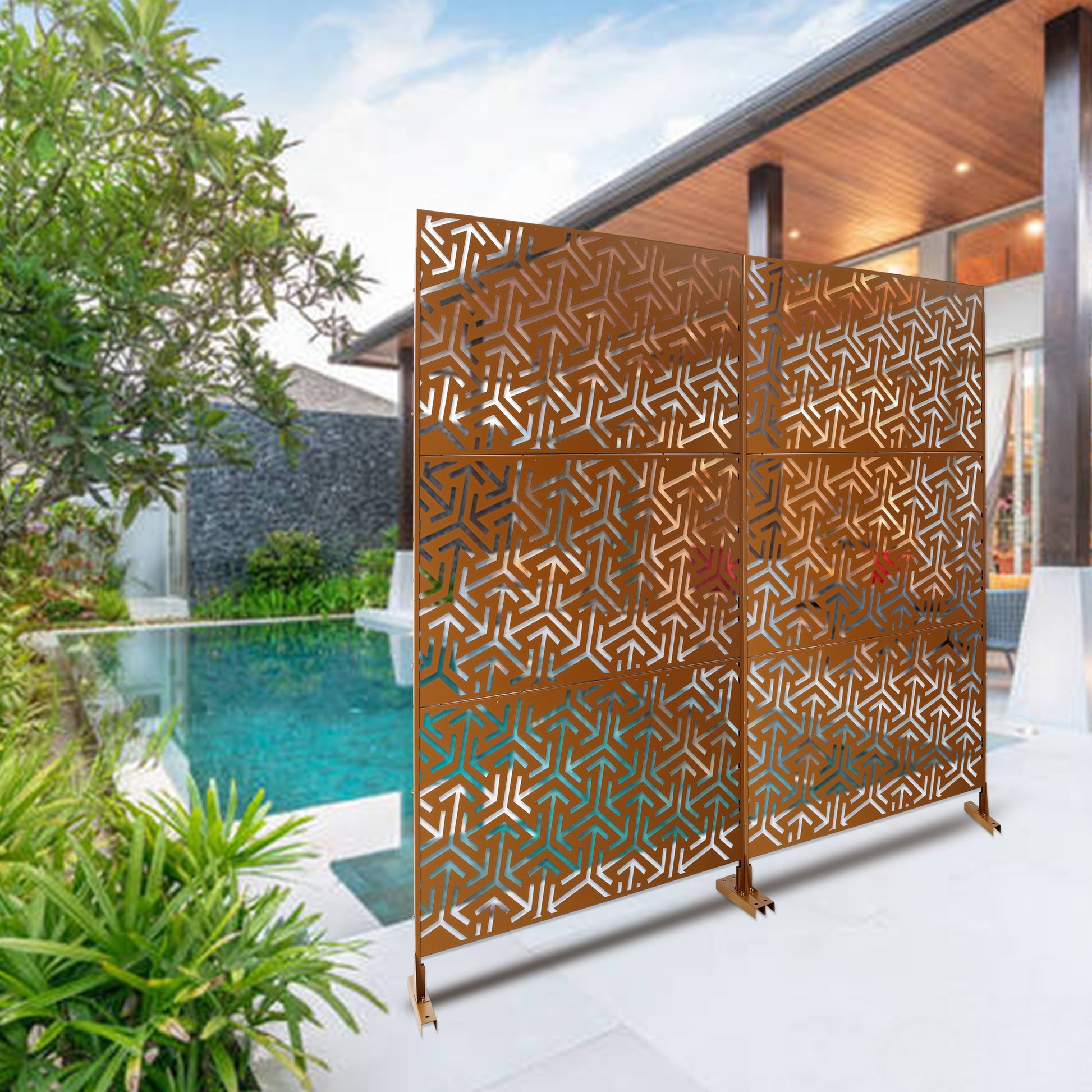 Outdoor & Indoor Privacy Screen Metal Privacy Screen 76" H 48" W, Freestanding Decorative Privacy Screen For Deck Balcony Patio, Privacy Fence Panels For Outside Lawn Garden Ps120 Brown Brown Steel