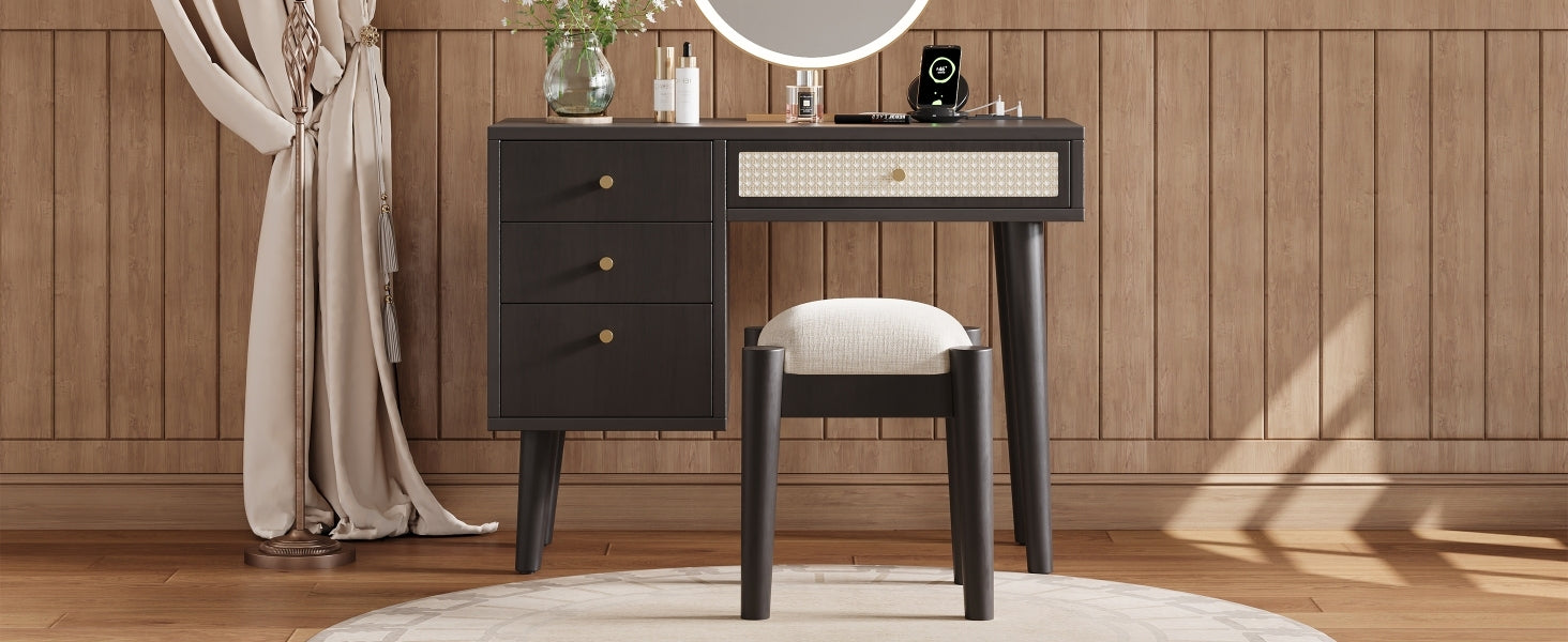 39" Retro Bohemian Style Wooden Makeup Vanity Set With Charging Plug&Usb Port And Stool, Dressing Table With 3 Storage Drawers And 1 Rectangular Rattan Drawer, Black Expected Arrival Time: 08.23 Black 4 Drawers Wood