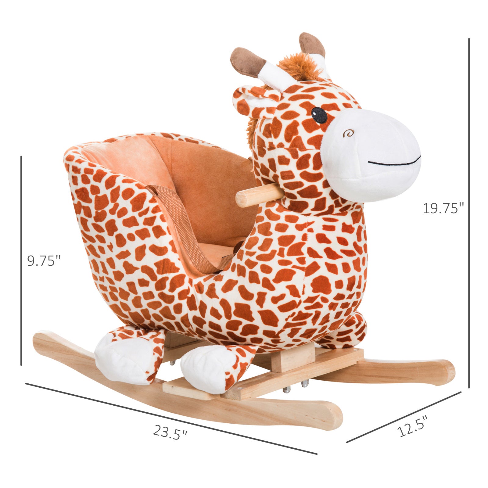 Qaba Kids Plush Rocking Horse Giraffe Style Themed Ride On Chair Toy With Sound Brown Brown Wood