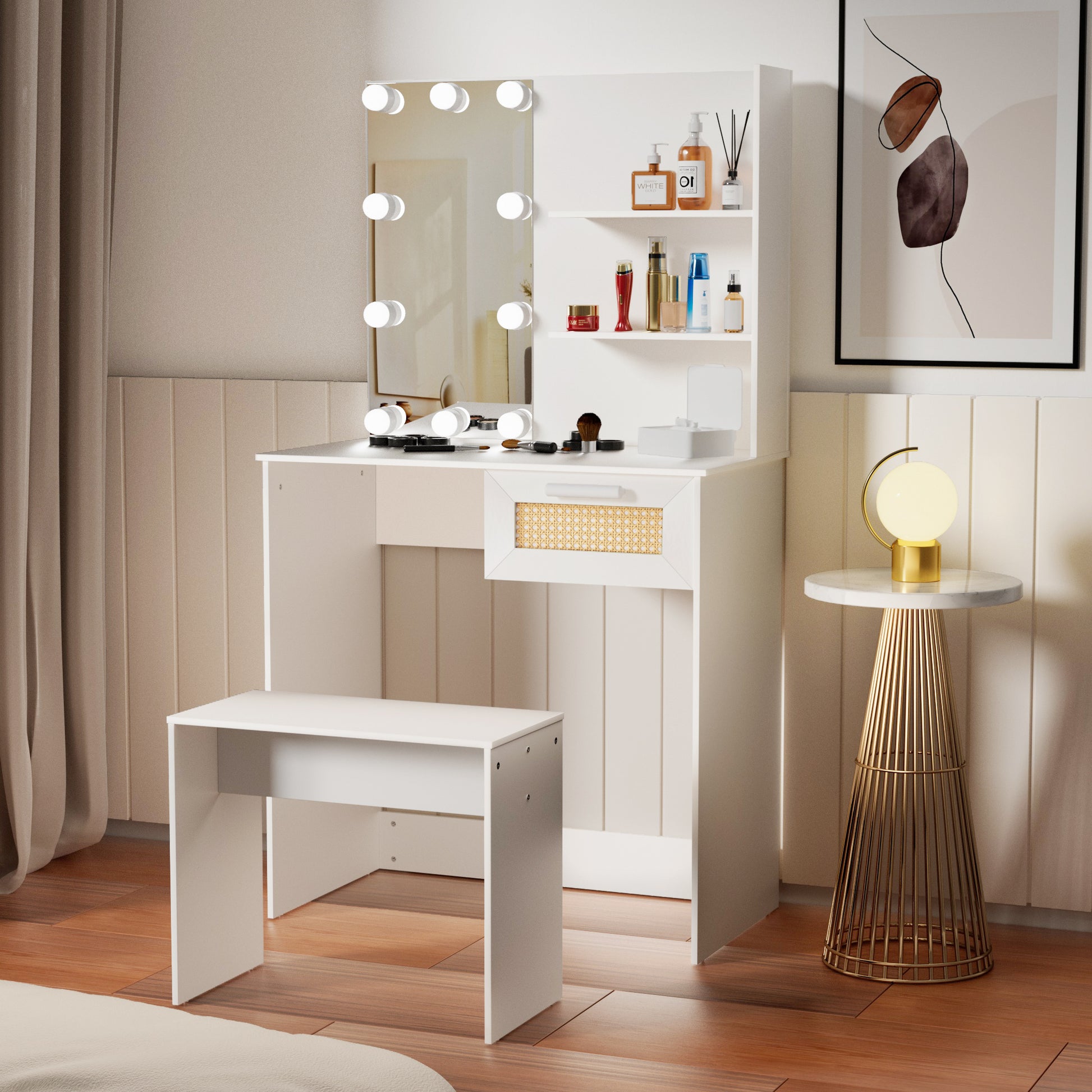 Vanity Desk Set Stool & Dressing Table With Led Lighting Mirror Drawer And Compartments Modern Wood Cosmetic Table Chest Of Drawers White Color Glossy White 1 Drawer Wood