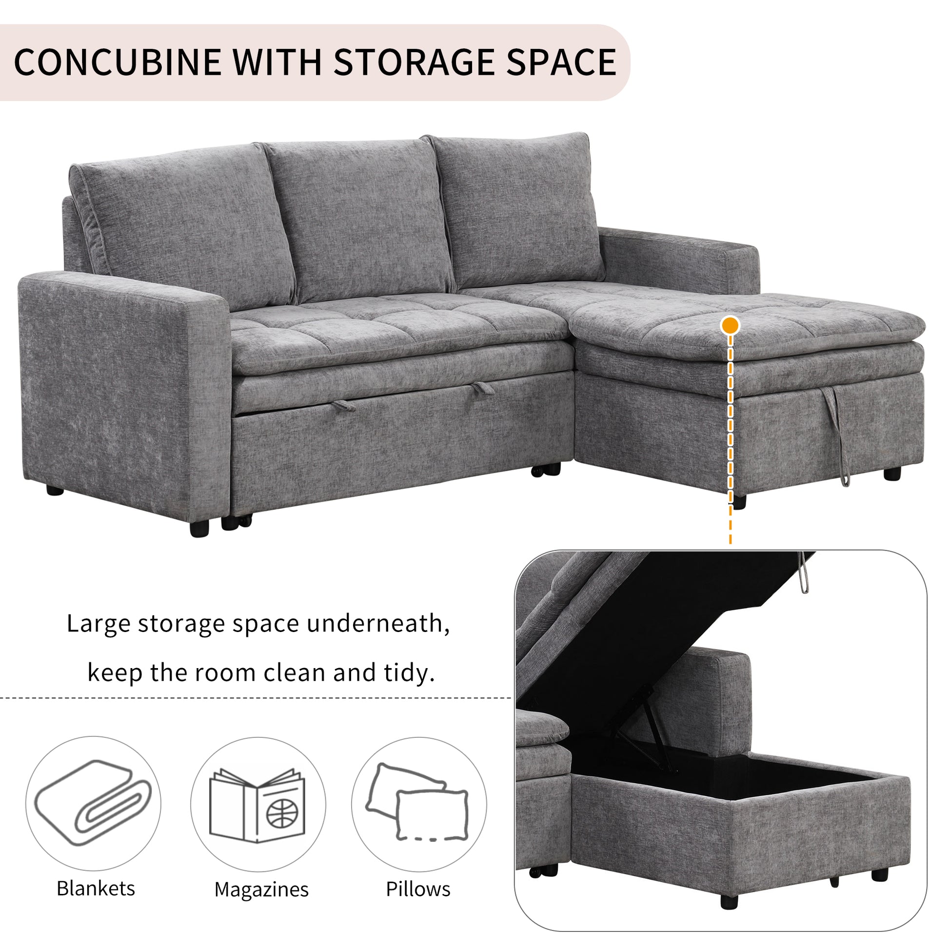 Soft Upholstered Sectional Sofa Bed With Storage Space, Suitable For Living Rooms And Apartments. Gray Wood Polyester 3 Seat