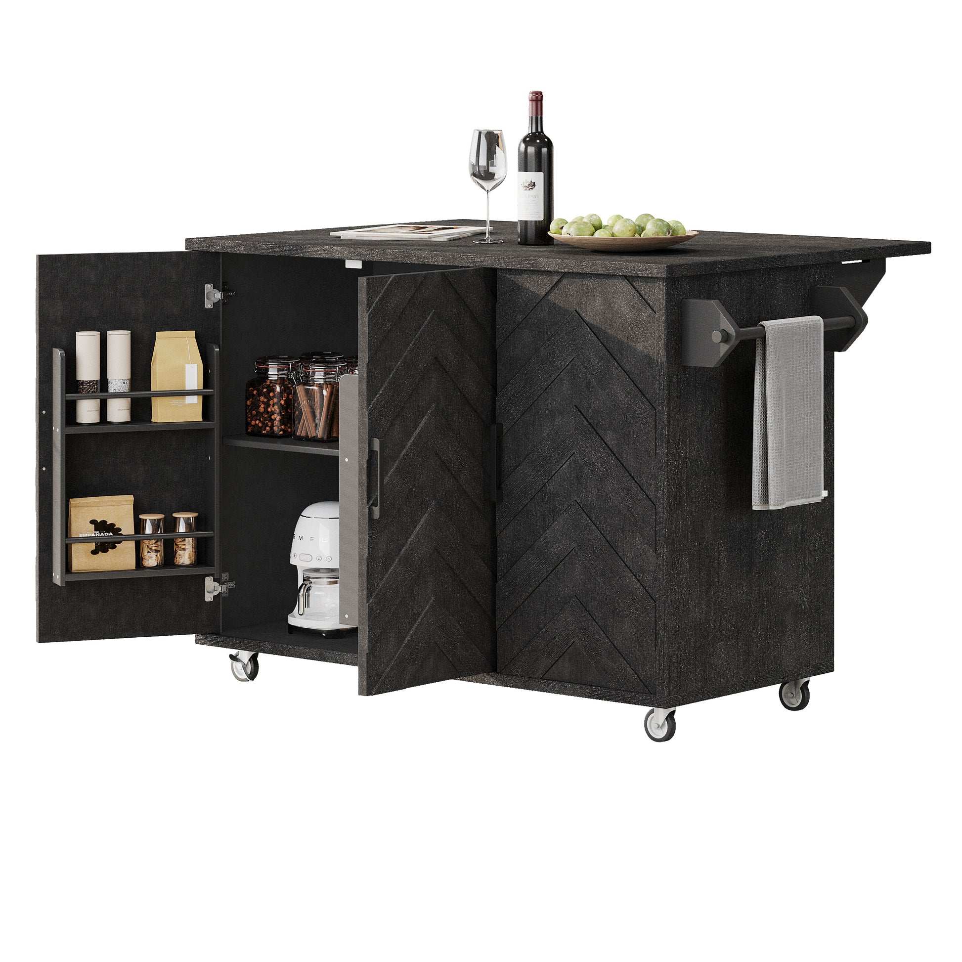 K&K 51.2"W 3D Wave Stripes Ash Veneer Not Cheap Paper Kitchen Island With Drop Leaf, Farmhouse Kitchen Island On Wheels With Internal Storage Rack, Rolling Kitchen Cart Black Black Brown Kitchen