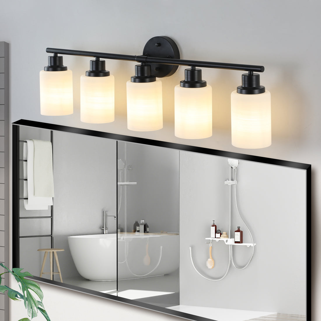 Modern 5 Light Vanity Bathroom Mirror Light, Frosted White Glass With Black Iron Frame, Contemporary Wall Sconce For Bedroom, Bathroom, And Dressing Room Bulb Not Included Black White Glass,Iron