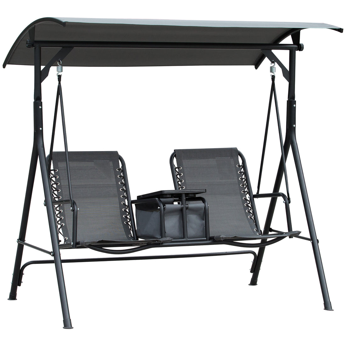 Outsunny 2 Seat Patio Swing Chair, Outdoor Canopy Swing Glider With Pivot Storage Table, Cup Holder, Adjustable Shade, Bungie Seat Suspension And Weather Resistant Steel Frame, Grey Gray Steel