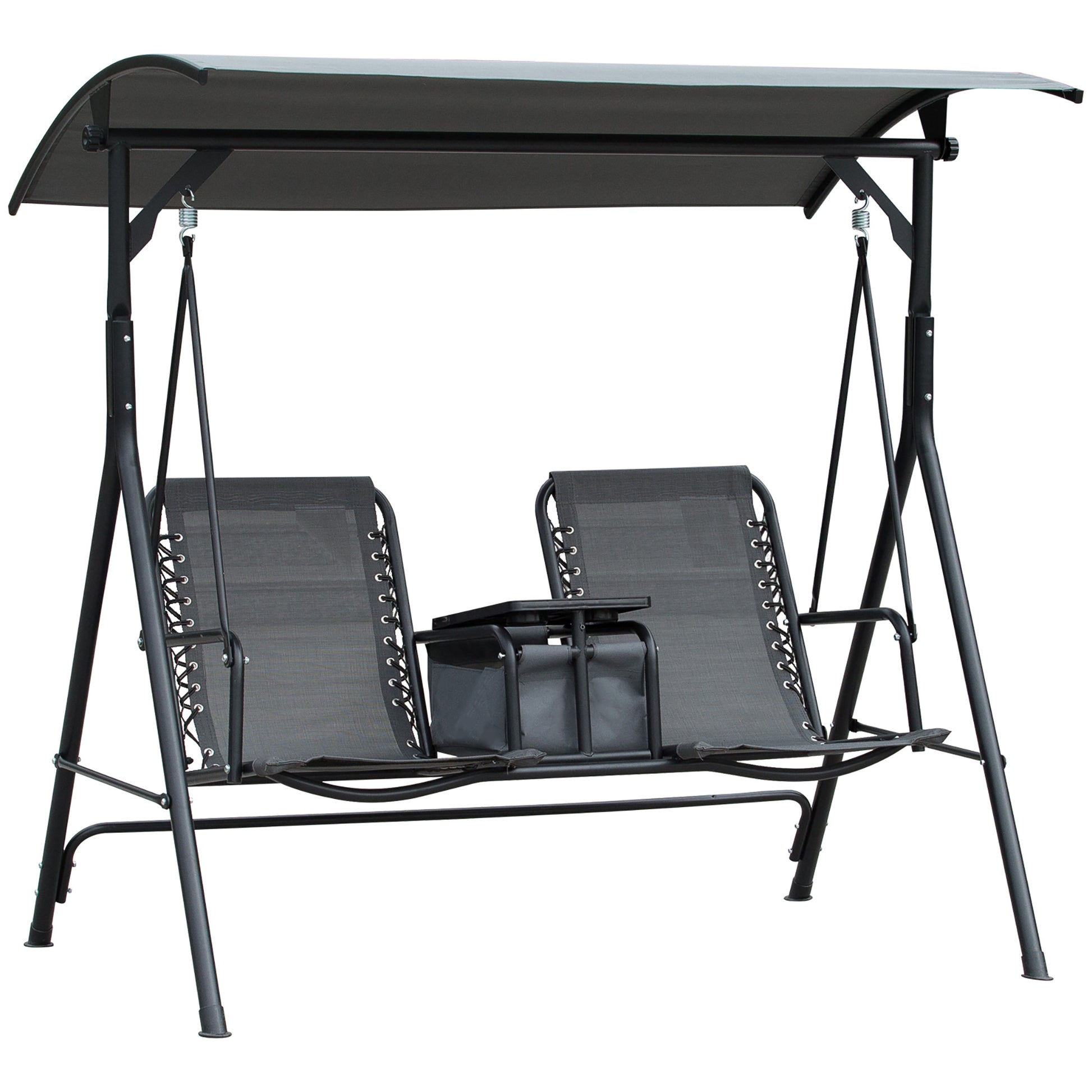 Outsunny 2 Seat Patio Swing Chair, Outdoor Canopy Swing Glider With Pivot Storage Table, Cup Holder, Adjustable Shade, Bungie Seat Suspension And Weather Resistant Steel Frame, Grey Gray Steel