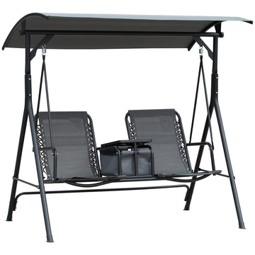 Outsunny 2 Seat Patio Swing Chair, Outdoor Canopy Swing Glider With Pivot Storage Table, Cup Holder, Adjustable Shade, Bungie Seat Suspension And Weather Resistant Steel Frame, Grey Gray Steel
