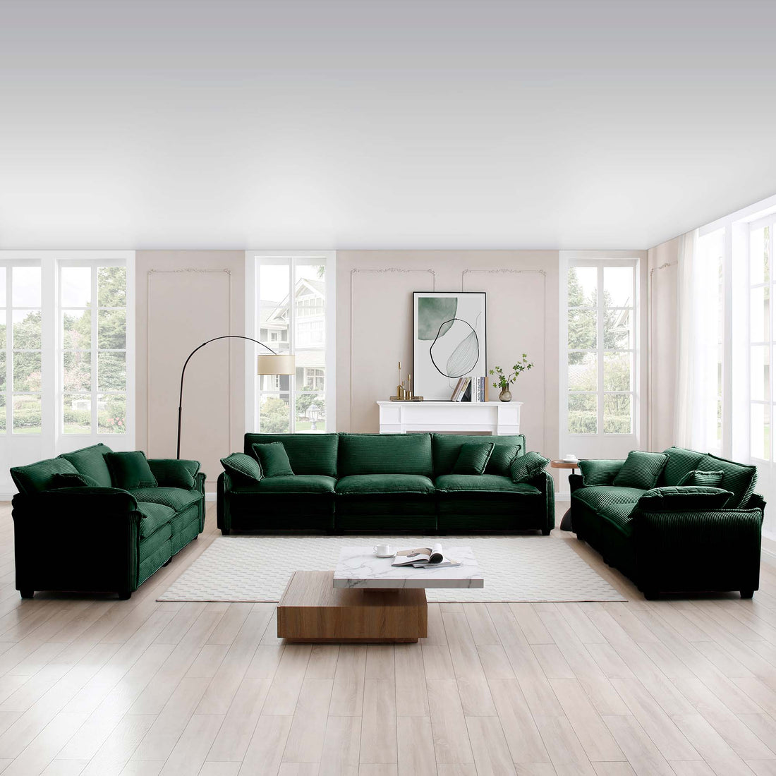 Modern Living Room Sofa 3 Pieces Set, Two 2 Seater Sofas And One 3 Seater Sofas, Upholstery Large Deep Seat Sofa With Sofat Cushion And Pillowss,Green Corduroy Green Corduroy 7 Seat
