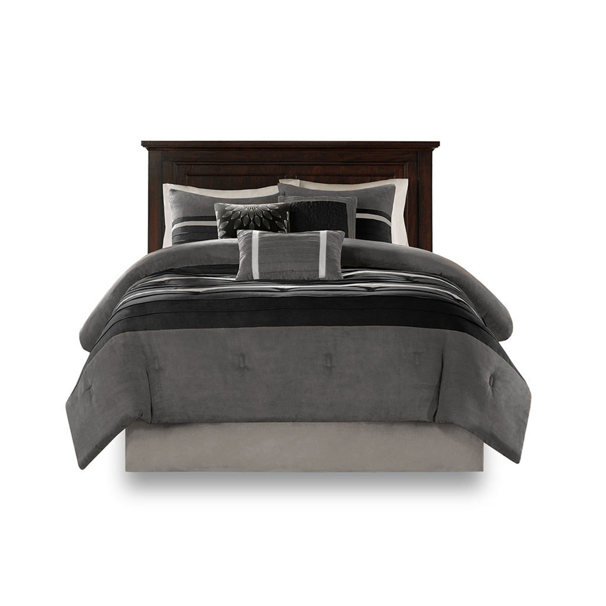 7 Pc Pieced Faux Suede Comforter Set Black Cal King California King Black Polyester