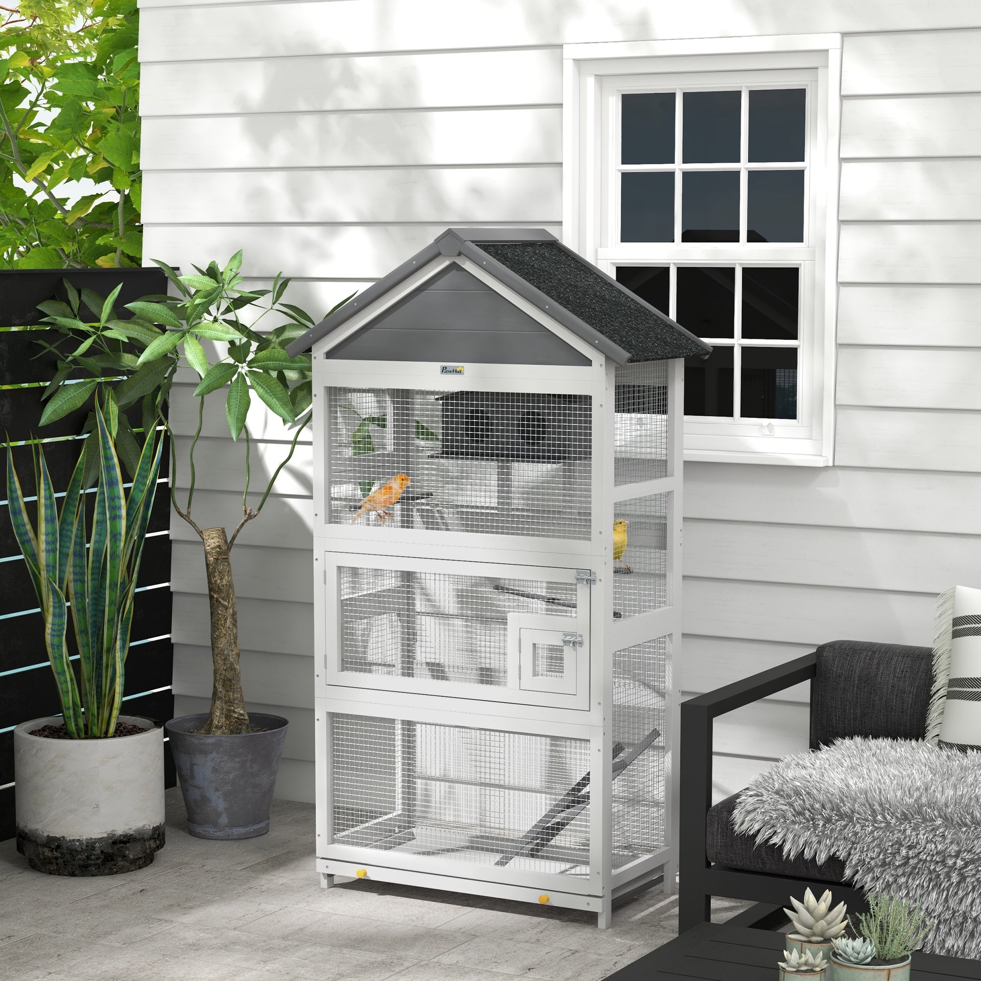 Pawhut Wooden Bird Aviary, 67" Outdoor Bird Cage With Slide Out Tray, Three Doors, Birdhouse, Ladder, Perches For Finches, Parakeets, Gray Gray Wood