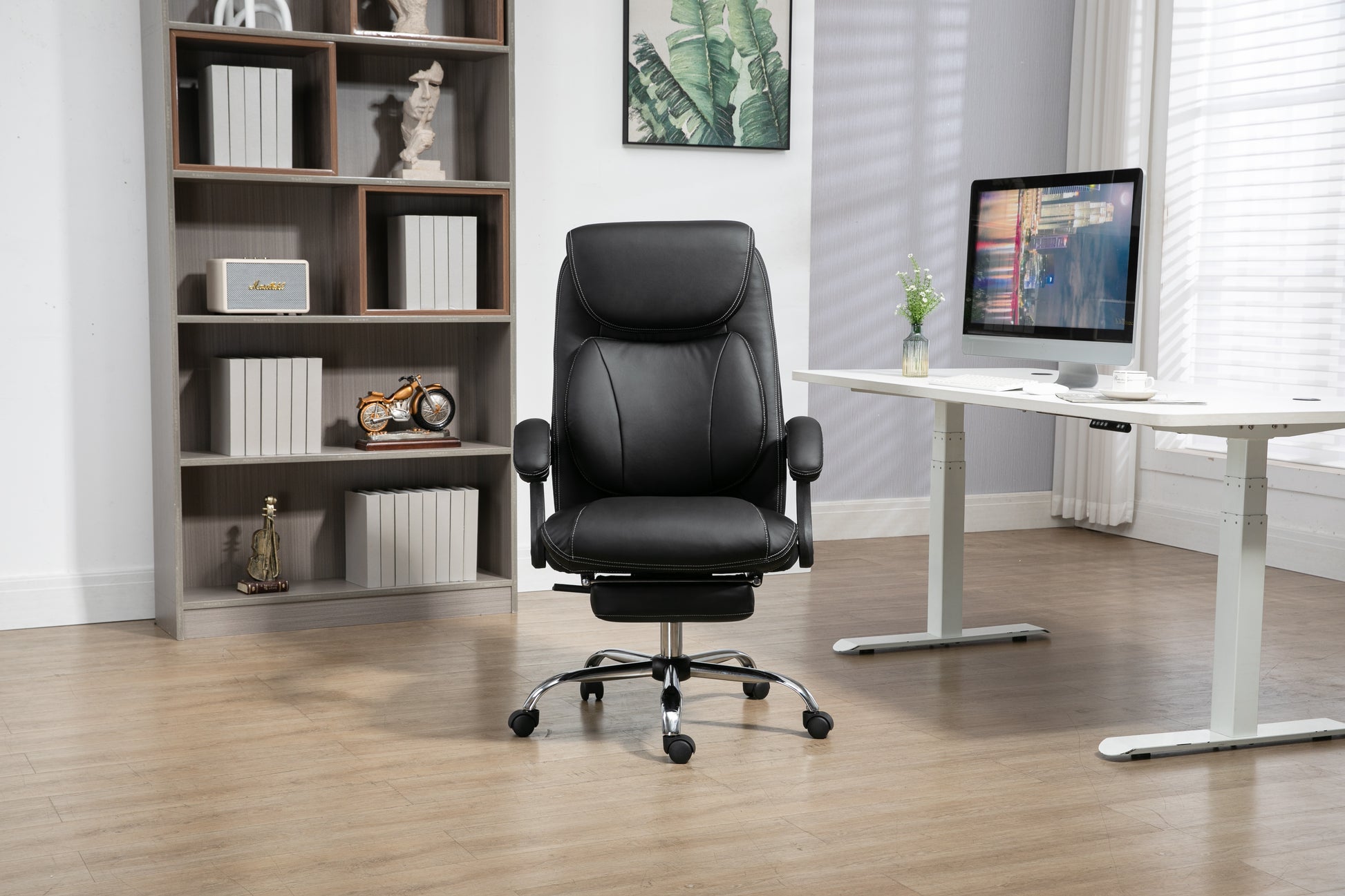 Big And Tall Office Chair, Pu Leather High Back Ergonomic Office Chair With Footrest, Executive Office Chair For Back Pain Relief, Black Office Chair Black Pu Iron