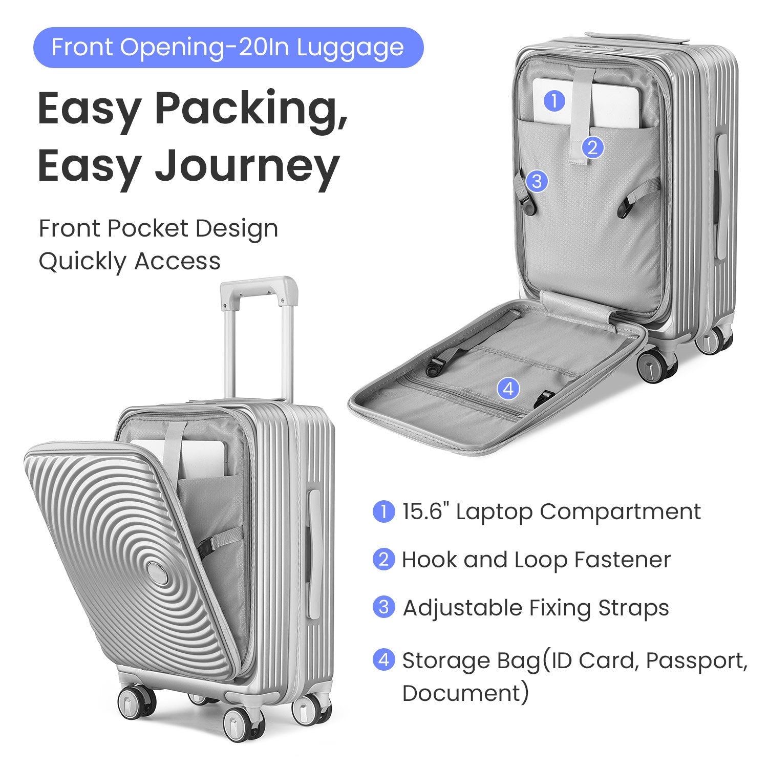 Luggage Sets 3 Piece 20 24 28 , Expandable Carry On Luggage With Tsa Lock Airline Approved, 100% Pc Hard Shell And Lightweight Suitcase With Front Pocket And Spinner Wheels Silver Pc