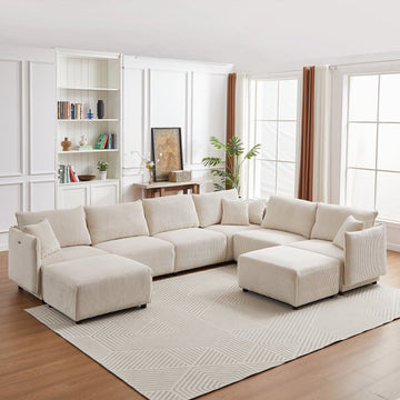Multi Module Combination Style Sofa For Living Room, Bedroom And Other Lounge Spaces, Modern Minimalist Corduroy Combination Sofa With 2 Comfort Cushions With Usb & C Charging Ports,Beige,Two Sets Beige Foam Fabric 8 Seat