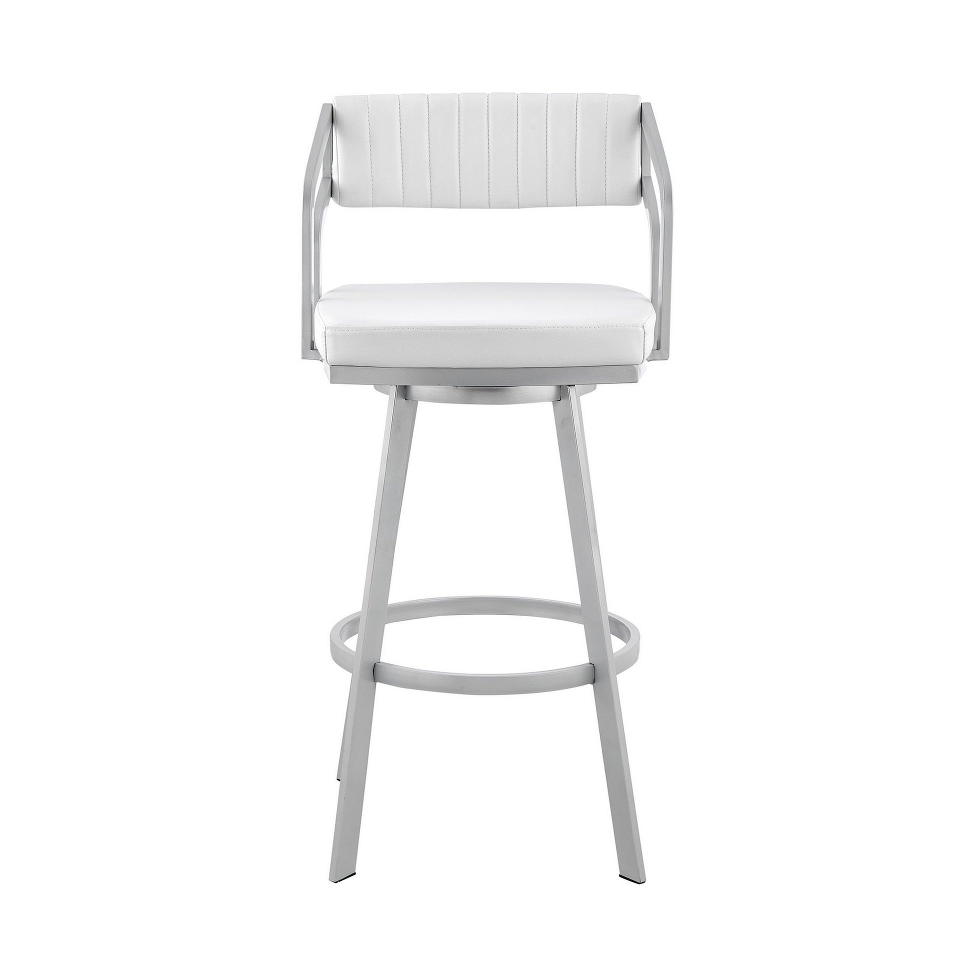 Lyla 26 Inch Counter Height Stool, Swivel, Faux Leather, White, Silver White Metal