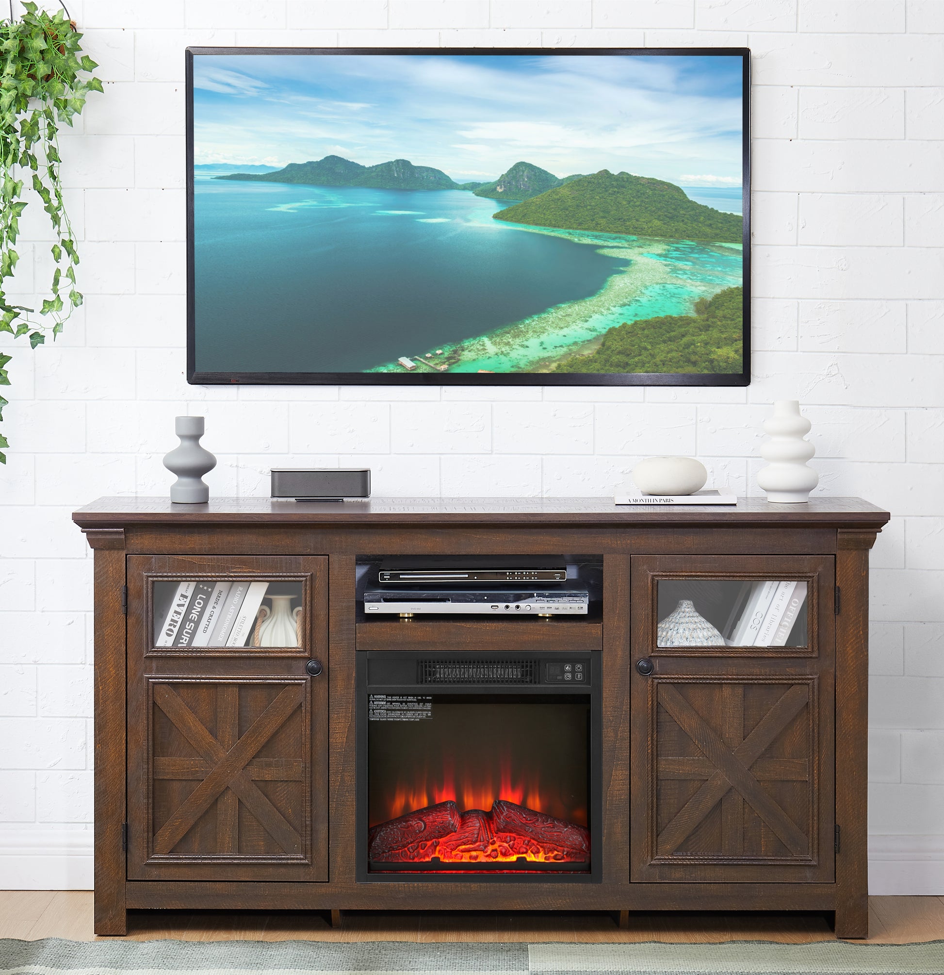 2 Doors Cabinet Farmhouse Cabinet, Farmhouse Tv Stand Barn Design,Farmhouse Tv Media Stand, Large Barn Inspired Home Entertainment Console With 18" Fireplace Insert,Espresso,60.23"W*15.35"D*31.7"H