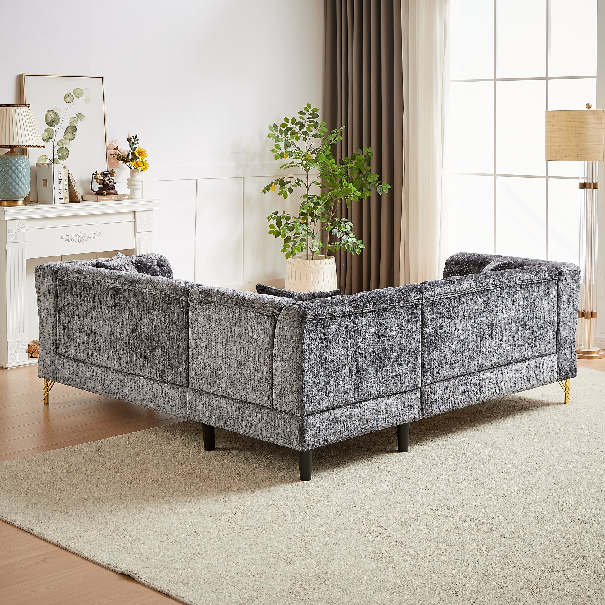 81.5 Inch Chenille Corner Sofal Shaped Sectional Couch, 5 Seater Corner Sofas With 3 Cushions For Living Room, Bedroom, Apartment, Office Grey Foam Chenille 5 Seat