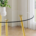 A Modern Minimalist Style Round Transparent Tempered Glass Table With Gold Metal Legs, Paired With 4 Modern Pu Leather High Back Dining Chairs Bring A Luxurious Experience. White Seats 4 Glass Metal