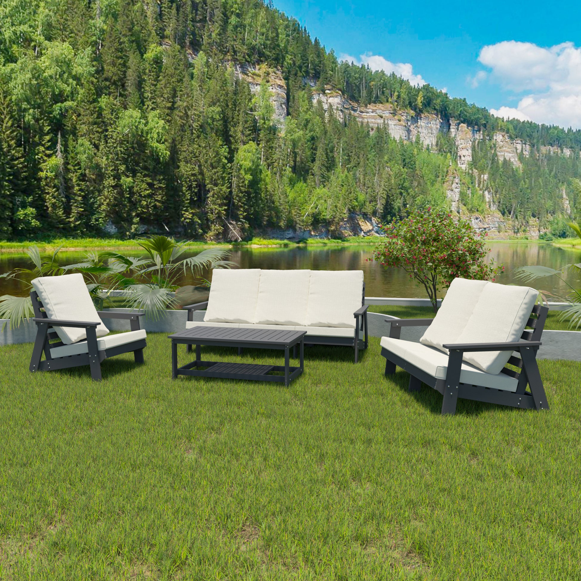 Hips 3 Seater Sofa With Cushion, Outdoor Garden Sofa, Sofa Set For Porch, Poolside, Terrace, And Yard Grey Beige Grey Hdpe