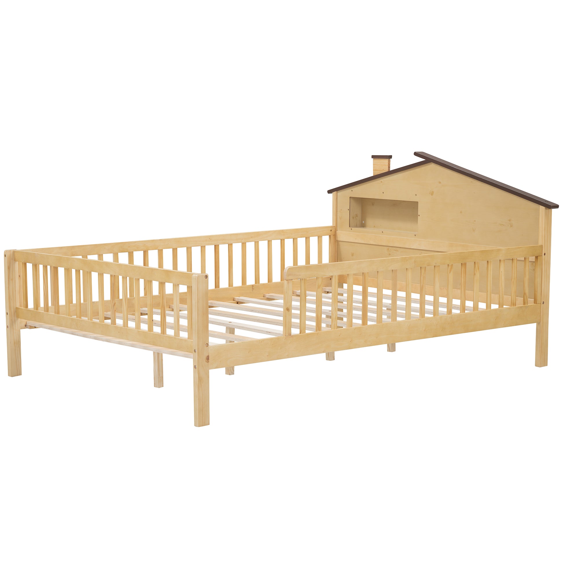 Full Size Wood Platform Bed With House Shaped Headboard, Led And Built In Storage, Natural Box Spring Not Required Full Natural Wood Bedroom Bed Frame Wood