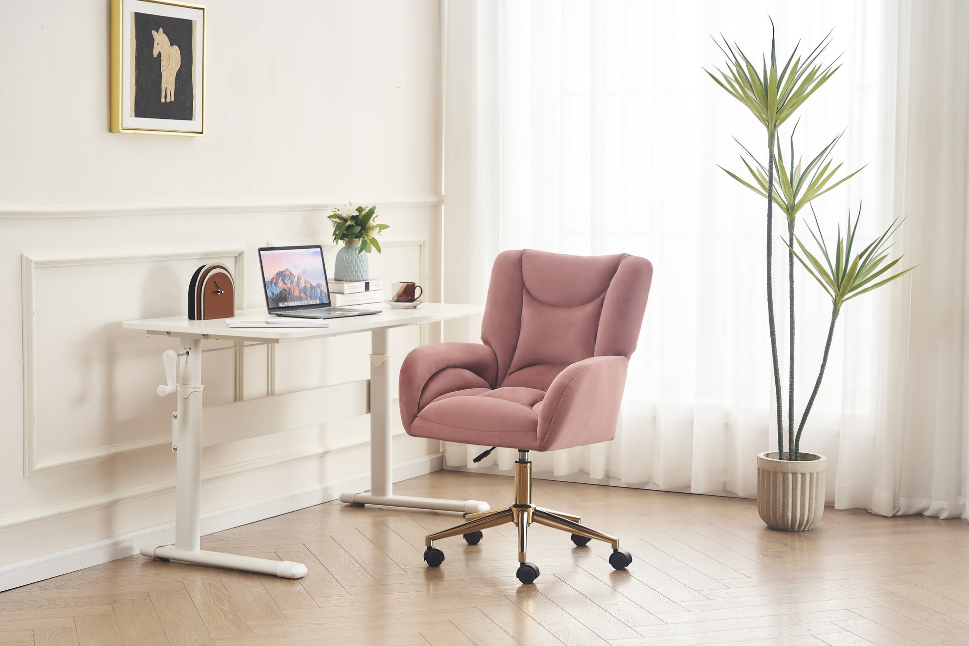 005 Velvet Fabric 360 Swivel Home Office Chair With Gold Metal Base And Universal Wheels,Pink Solid Pink Office Sponge Wipe Clean Modern Office Chairs Tufted Back Foam Swivel Velvet