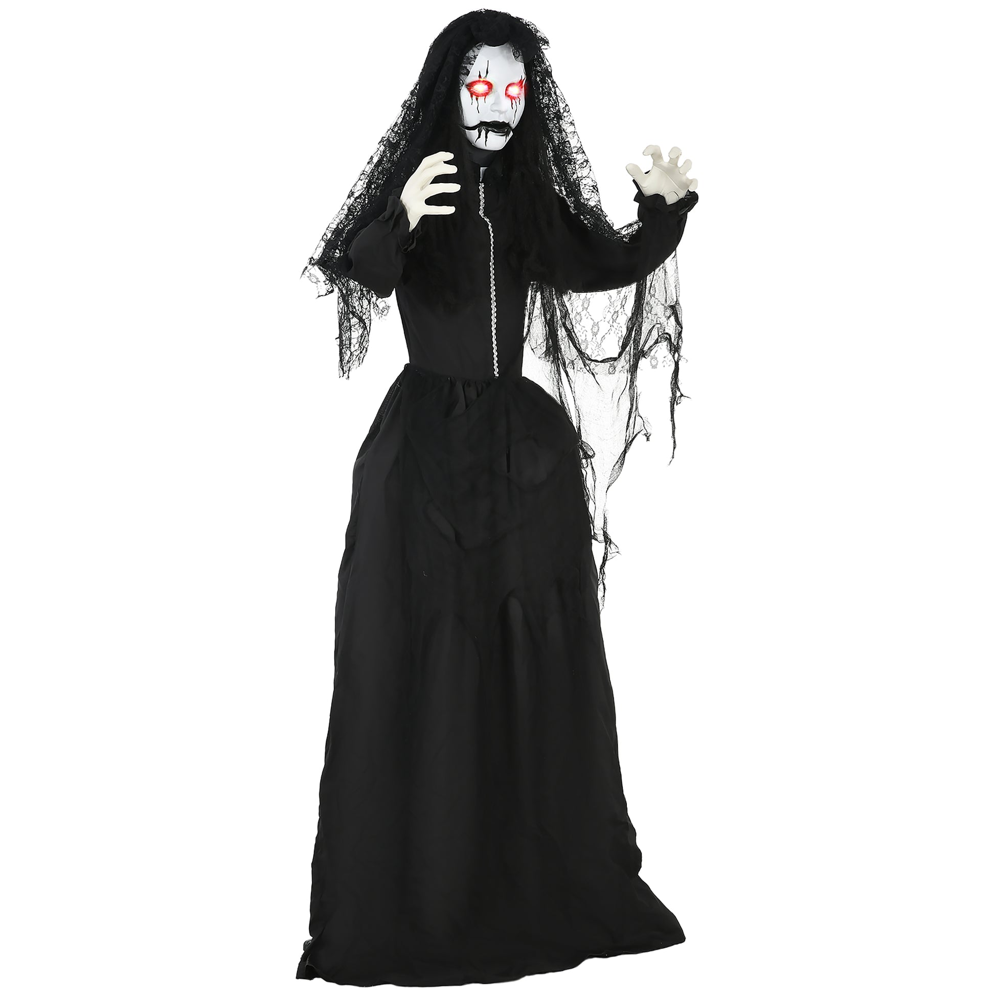 Homcom 67" Life Size Freestanding Scary Ghost Bride, Animated Halloween Prop With Sound Activation And Red Eyes, Creepy Voice, For Covered Outdoor And Indoor, Battery Operated Animatronic Decor Black Polyester