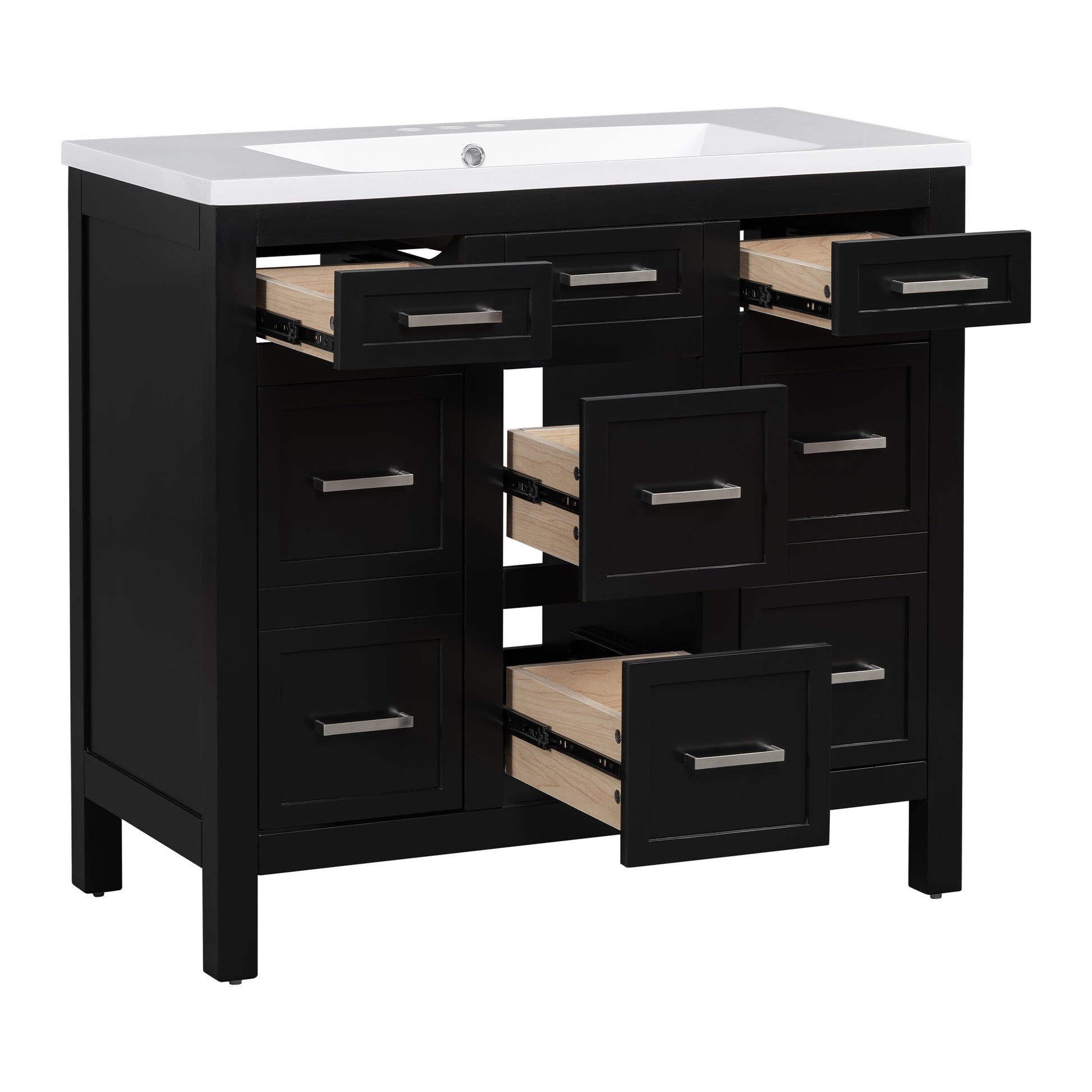 36" Bathroom Vanity Cabinet With Resin Integrated Sink 4 Drawers, 2 Doors Black Bathroom Solid Wood Mdf Resin