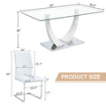 Table And Chair Set.Modern Dining Table,Tempered Glass Tabletop And Silver Colored Leg.Paired With 4 Soft And Comfortable White Pu Chair, Perfect For Dinner, Meetings, Home And Office Decor. White
