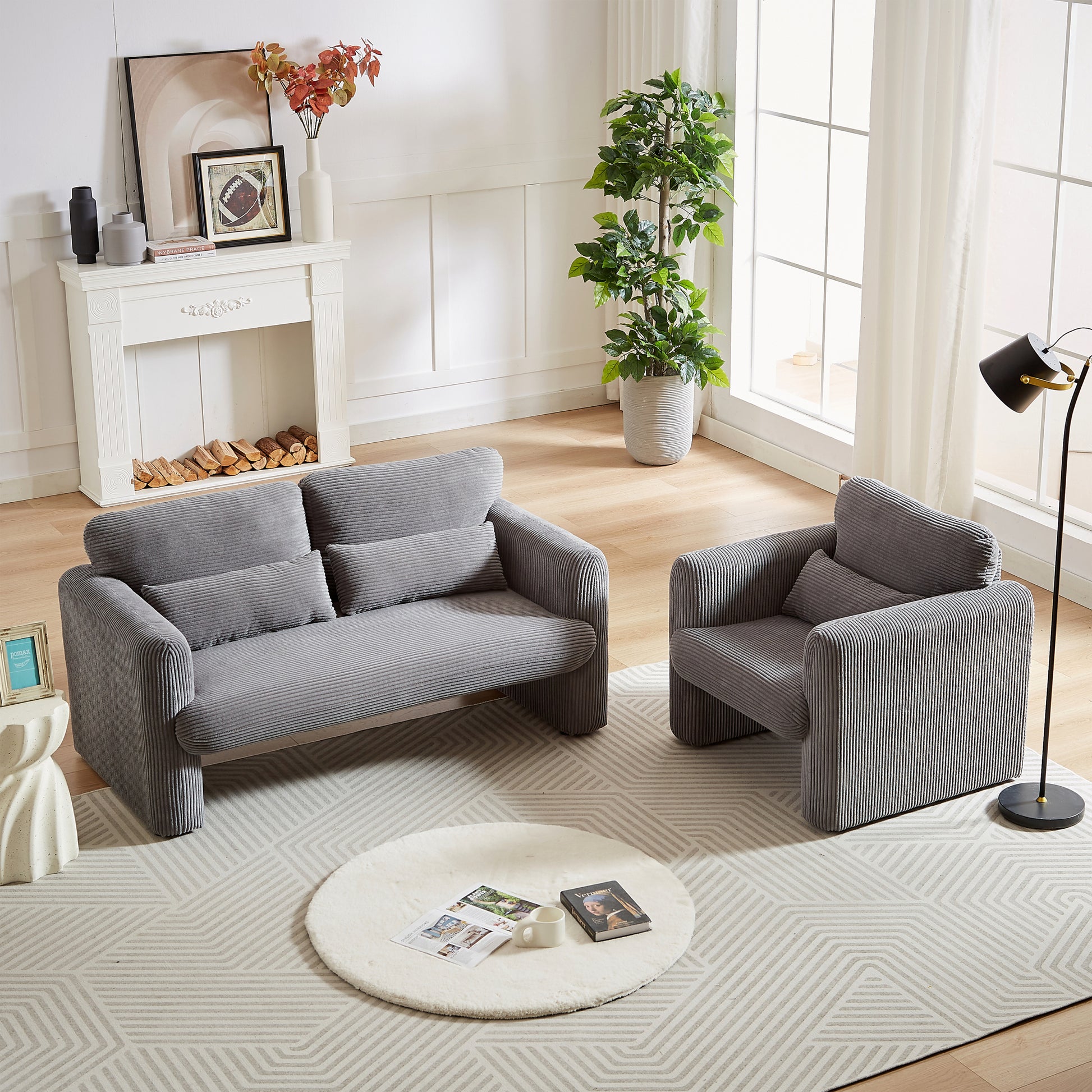 Two 60"Corduroy Fabric Sofa With 33" Single Sofa, Modern Sofa With Support Pillow, For Apartment, Office, Living Room & Bedroom Grey Corduroy 5 Seat