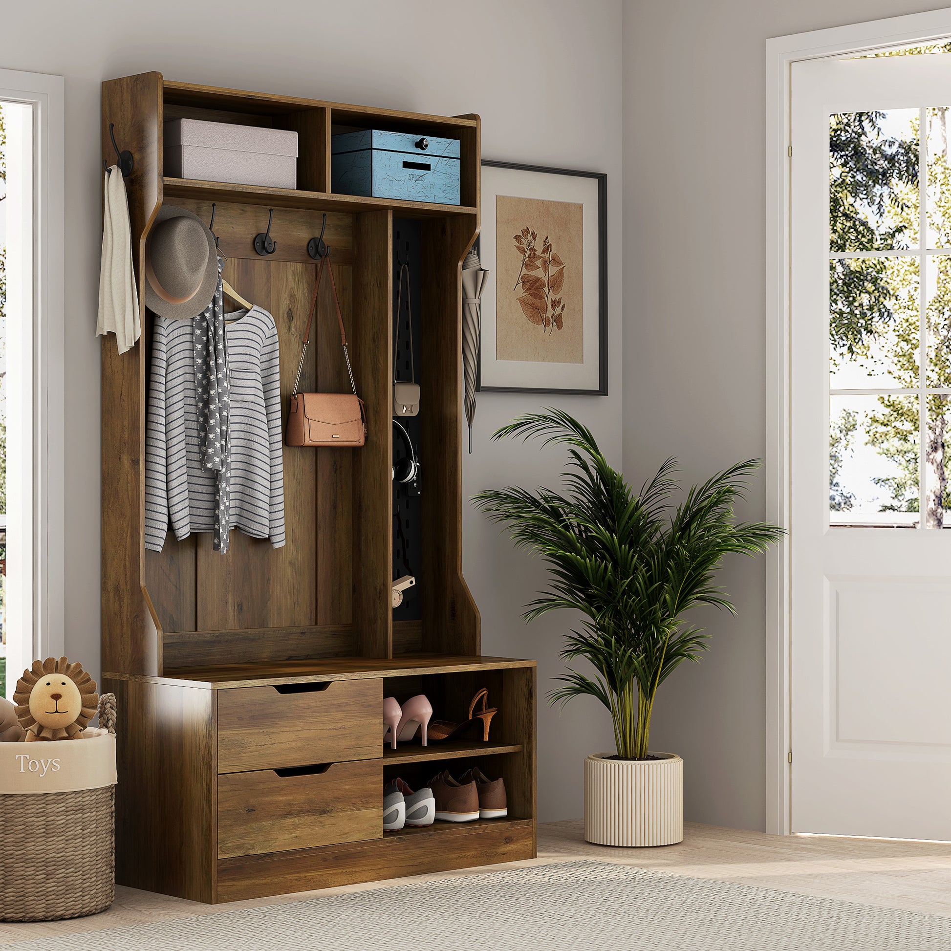 Hall Tree With 4 Hooks,Coat Hanger, Entryway Bench, Storage Bench,For Entrance, Hallwa,Brown Brown Mdf