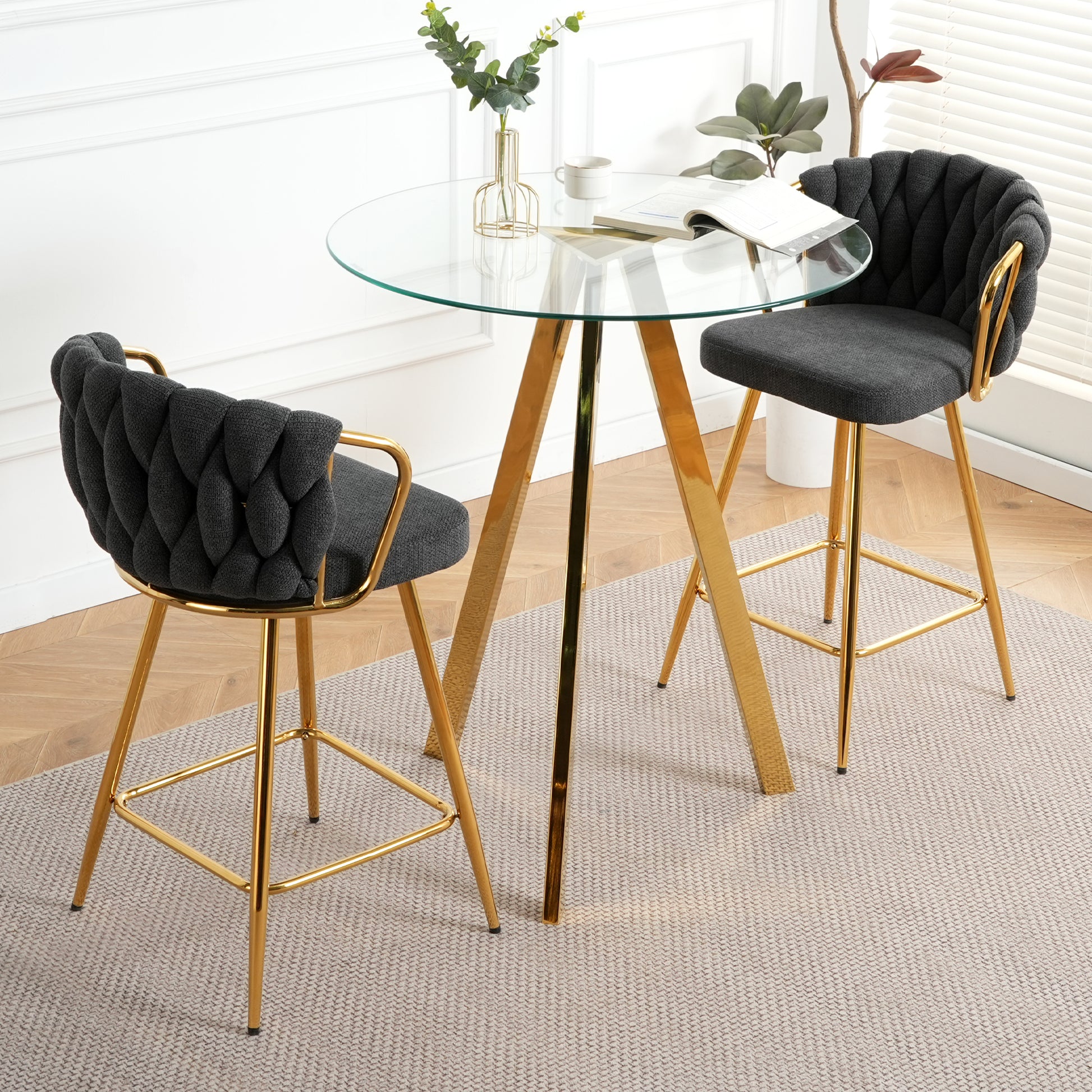 Stylish Dark Grey Cotton And Linen Design, Gold Plated Metal Legs, Round Tempered Glass Countertop, Bar Chair Cover, Suitable For Bar, Restaurant, Bedroom Bar Chair, Set Of 3 Metal Dark Gray Seats 2