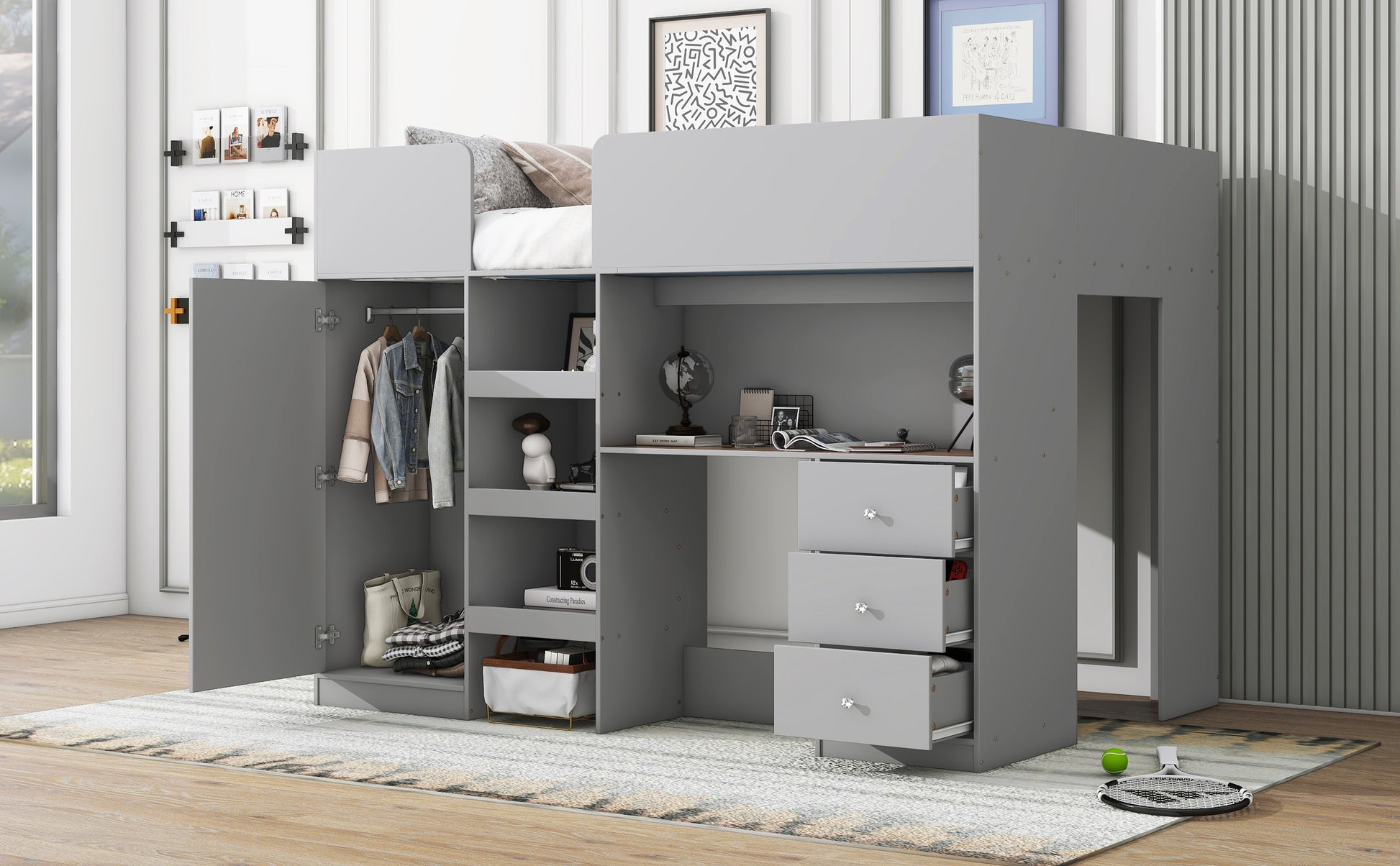 Wood Full Size Loft Bed With Built In Wardrobe, Desk, Storage Shelves And Drawers, Grey Box Spring Not Required Full Grey Wood Bedroom Bed Frame Solid Wood Mdf