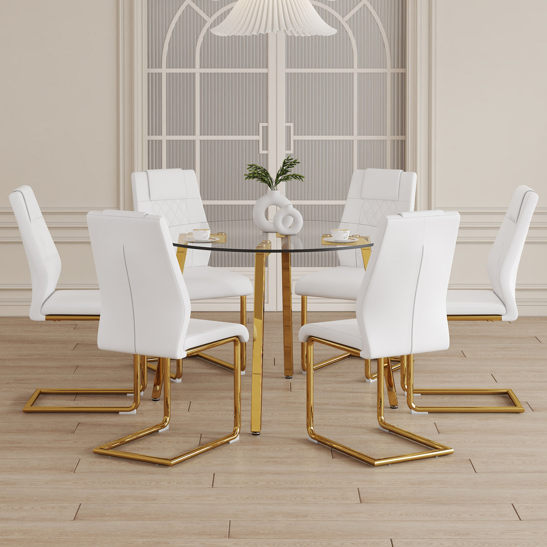 Table And Chair Set.A Modern Minimalist Style Round Clear Tempered Glass Table With Metal Legs.Paried With White Chairs With Modern Pu Leather High Back Upholstered And C Tube Golden Legs.