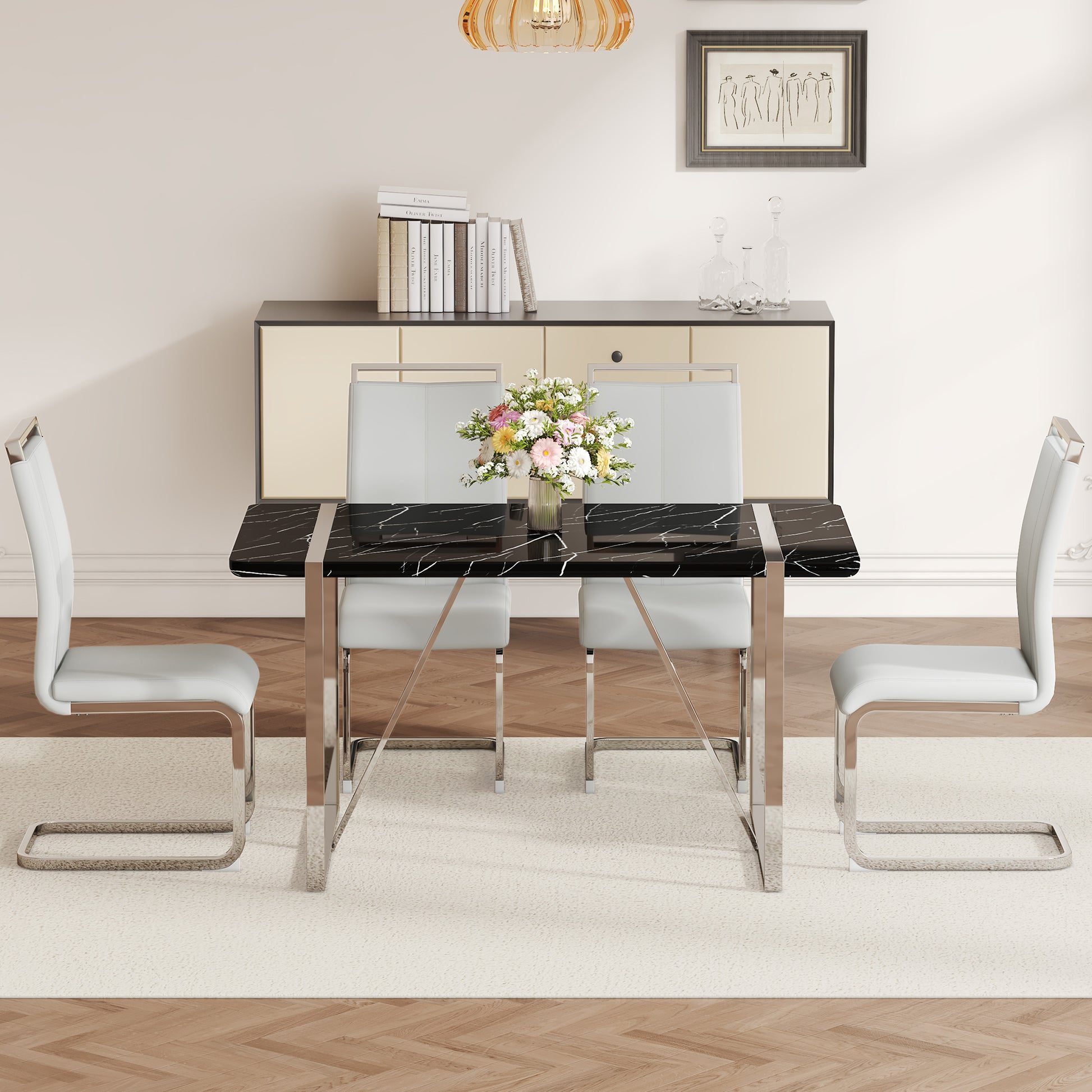 Table And Chair Set.A Rustic Industrial Rectangular Mdf Black Dining Table With Mdf Desktop And Electroplated Silver Metal Legs.Paried With 4 Chairs With Pu Cushion And Metal Legs. Black,Light Gray,Silver Seats 4 Mdf Metal