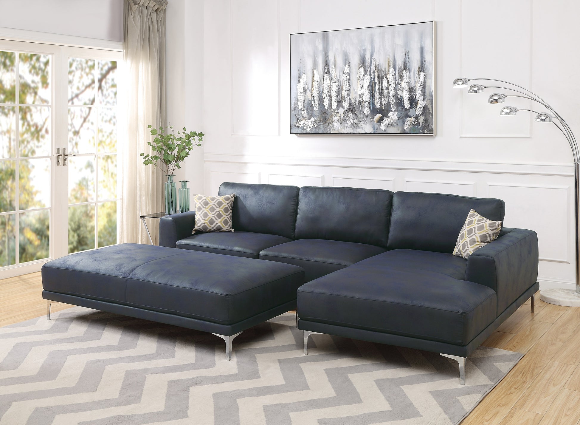 Modern Ink Blue Large Ottoman Metal Legs 1Pc Cocktail Ottoman Living Room Blue Faux Leather Primary Living Space Blue Contemporary,Modern Rectangle Bonded Leather