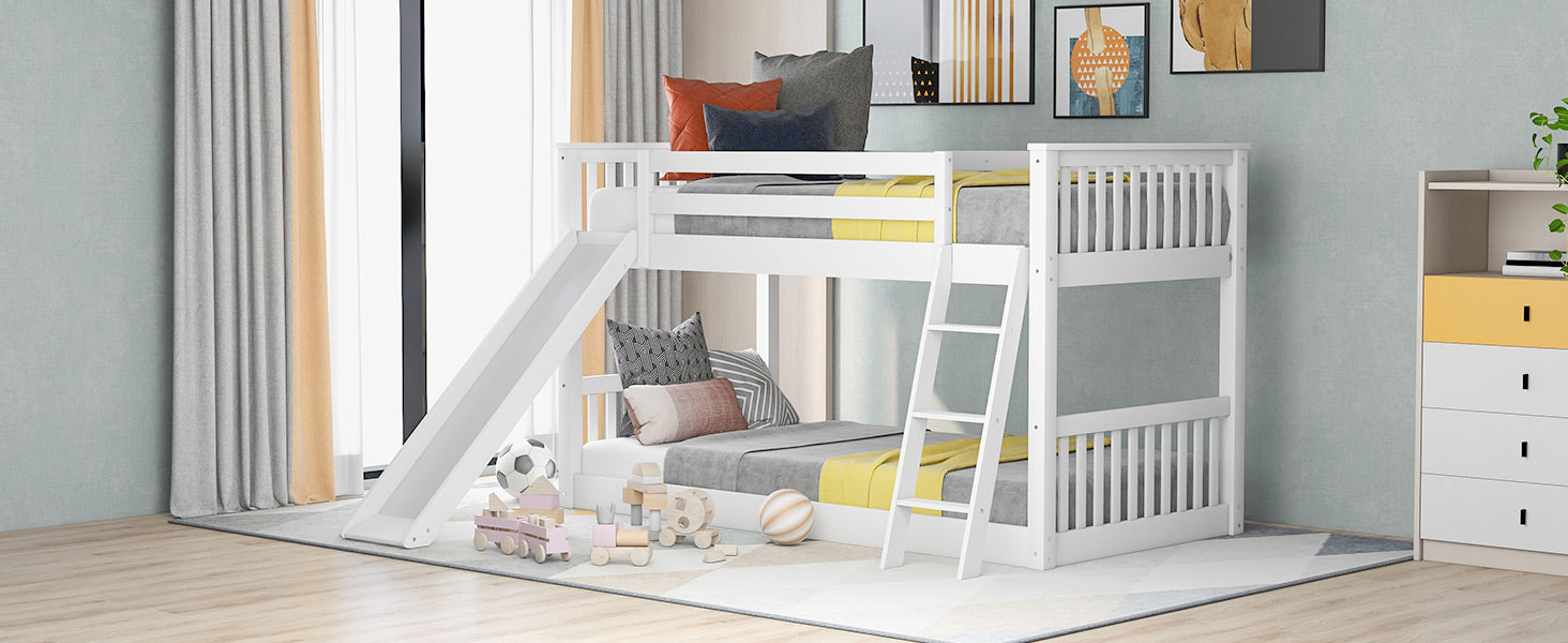 Twin Over Twin Bunk Bed With Convertible Slide And Ladder, White Old Sku: Sm000213 Box Spring Not Required Twin White Wood Bedroom Bunk Pine
