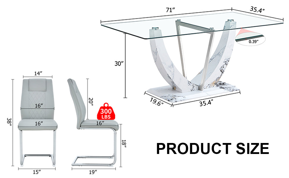 Table And Chair Set, Large Modern Rectangular Glass Table, Can Accommodate 6 8 People, Equipped With A 0.39 Inch Tempered Glass Tabletop And Mdf Table Legs.Paired With Comfortable And Soft Chairs. Light Gray Mdf Glass