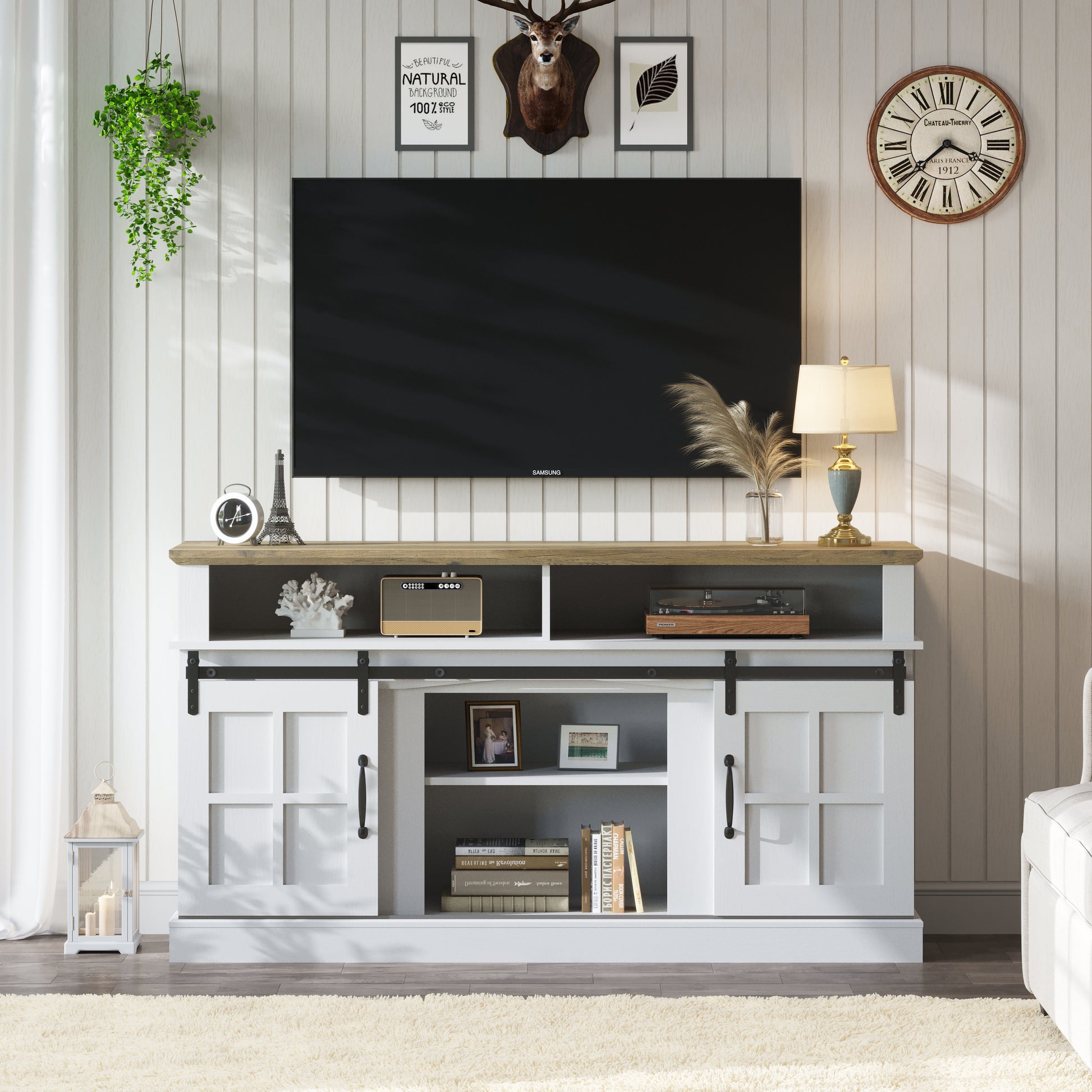 58 Inch Tv Stand With Storage Cabinet And Shelves, Tv Console Table Entertainment Center For Living Room,Bedroom White 50 59 Inches Particle Board