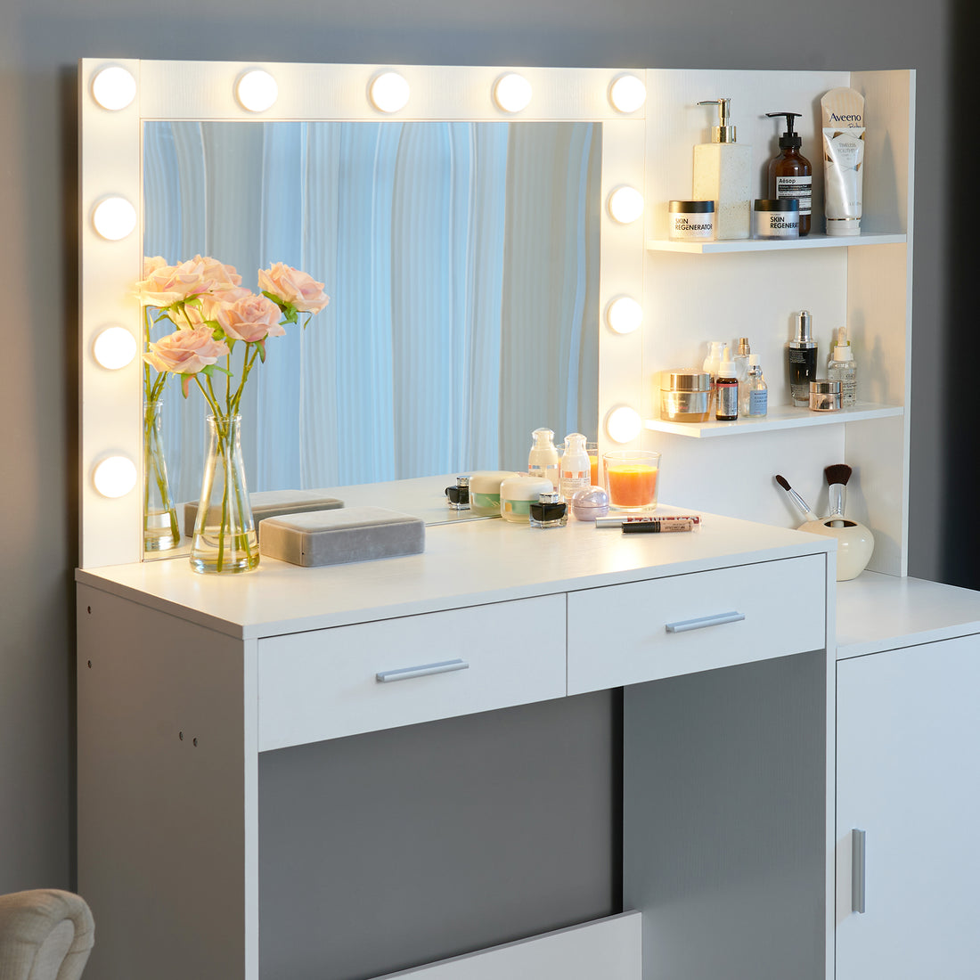 Vanity Desk With Mirror And Lights, 46.4In Dressing Table With 2 Large Drawer&Large Vertical Organizer, 3 Level Dresser & 3 Lighting Modes Adjustable Brightness, Suitable For Bedroom White White Particle Board