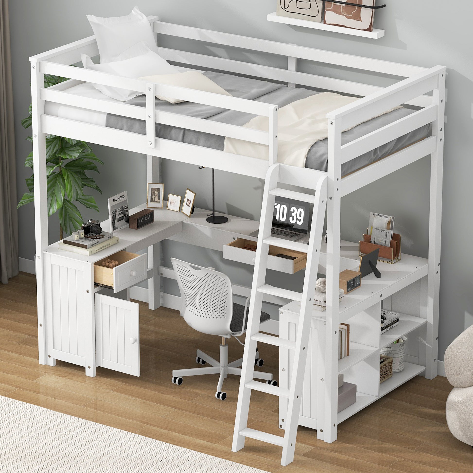 Full Size Loft Bed With U Shaped Desk, Drawers And Storage Shelves, White Box Spring Not Required Full White Wood Bedroom Solid Wood Mdf