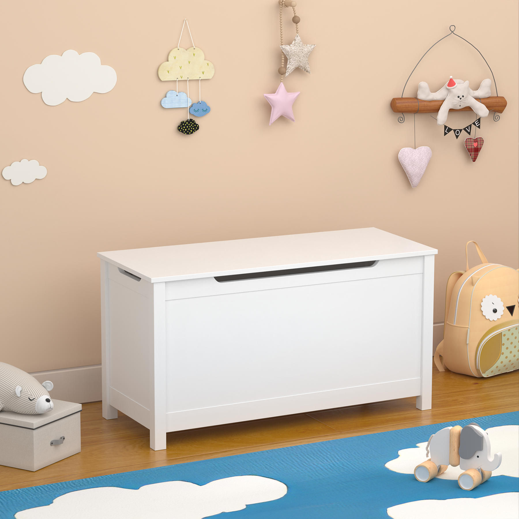 Kids Wooden Toy Box Storage With Safety Hinged Lid For Ages 2 White White Mdf