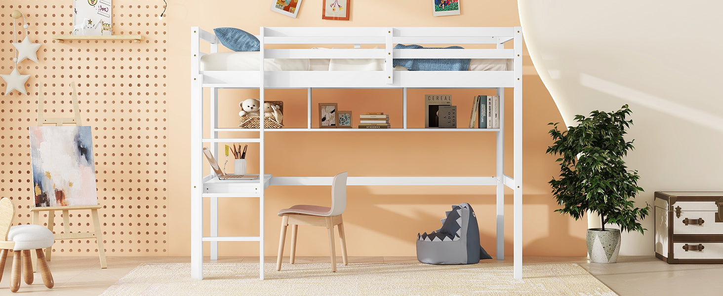 Twin Loft Bed With Built In Desk And Bookcase Of Three Compartments, Guardrails And Ladder,White Twin White Pine