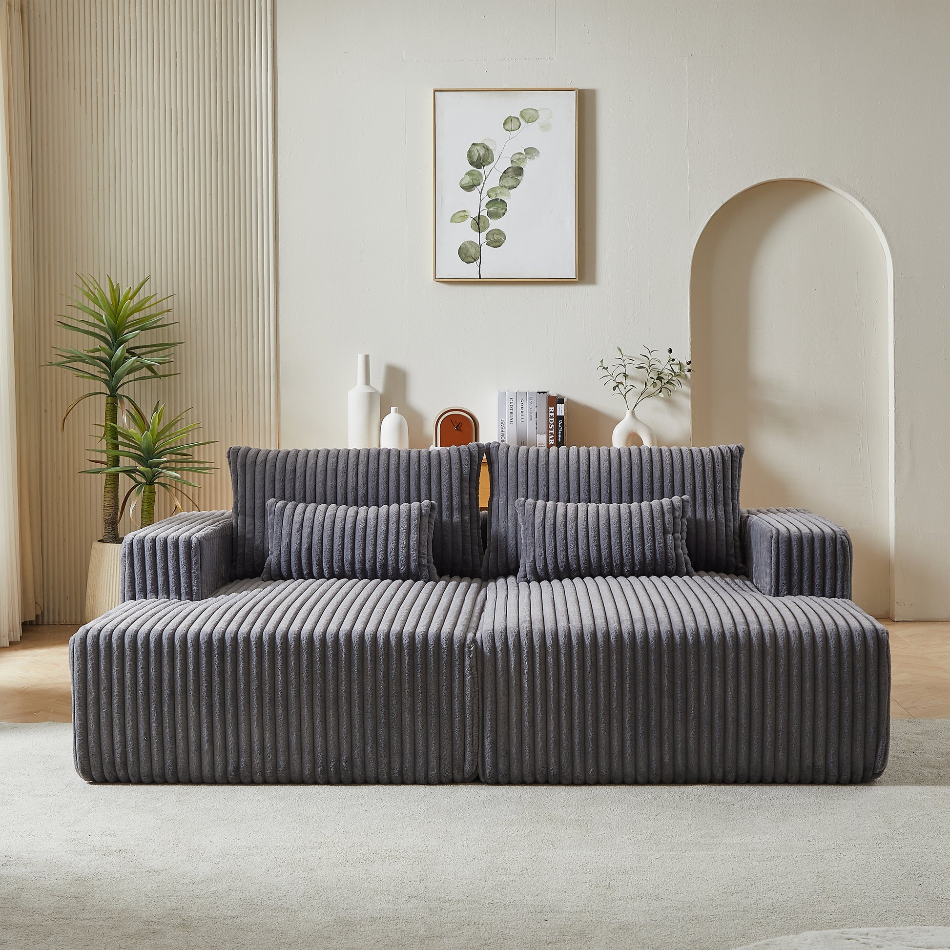 87" Oversized Sectional Lounge Chaise ,No Assembly Required,Cloud Plush Loveseat With Reclining Sofa Bed,Fluffy Modern Sleeper Chair For Indoor Living Room Bedroom Grey Corduroy 2 Seat