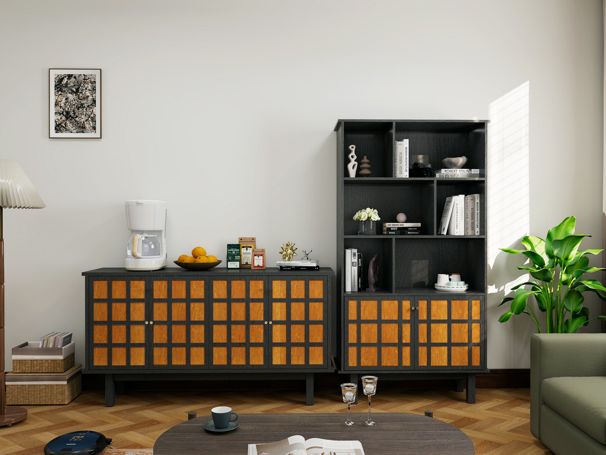 Bookcase With Cabinet, Bookshelf With Doors, Black&Honey Black Vertical Primary Living Space Closed Back Wood With Doors Mdf