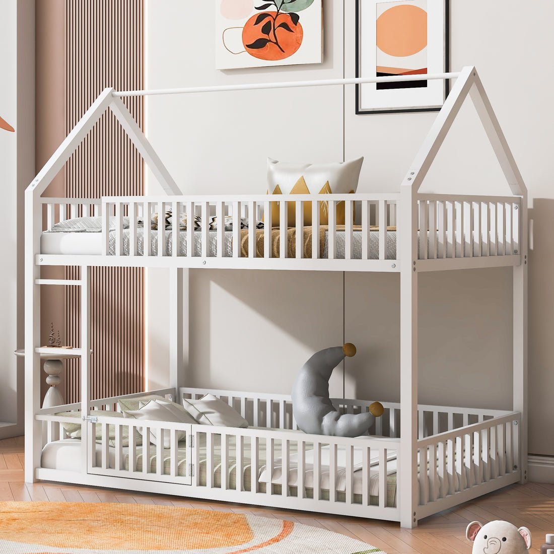Metal Twin Over Twin House Bunk Bed With Fence And Door, White Box Spring Not Required Twin White Metal Bedroom Metal