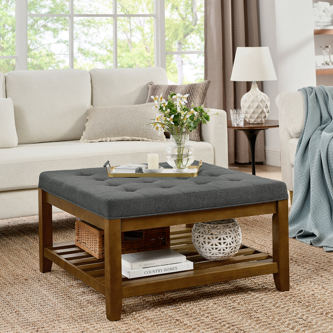 Upholstered Coffee Table Tufted Linen Large Square Ottoman With Beech Wood Shelf And Frame, Oversized Footrest Ottoman For Living Room, Dark Gray Light Brown Wood Primary Living Space Grey Medium Duty Beech Wood Dark Gray Linen Or Linen Blend Backless