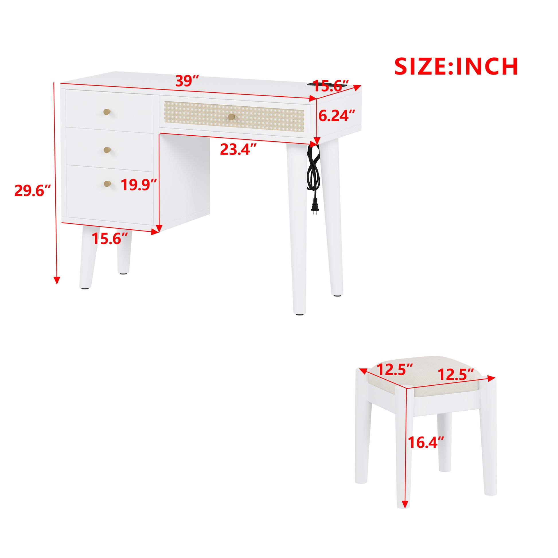 39" Retro Bohemian Style Wooden Makeup Vanity Set With Charging Plug&Usb Port And Stool, Dressing Table With 3 Storage Drawers And 1 Rectangular Rattan Drawer, White White 4 Drawers Wood
