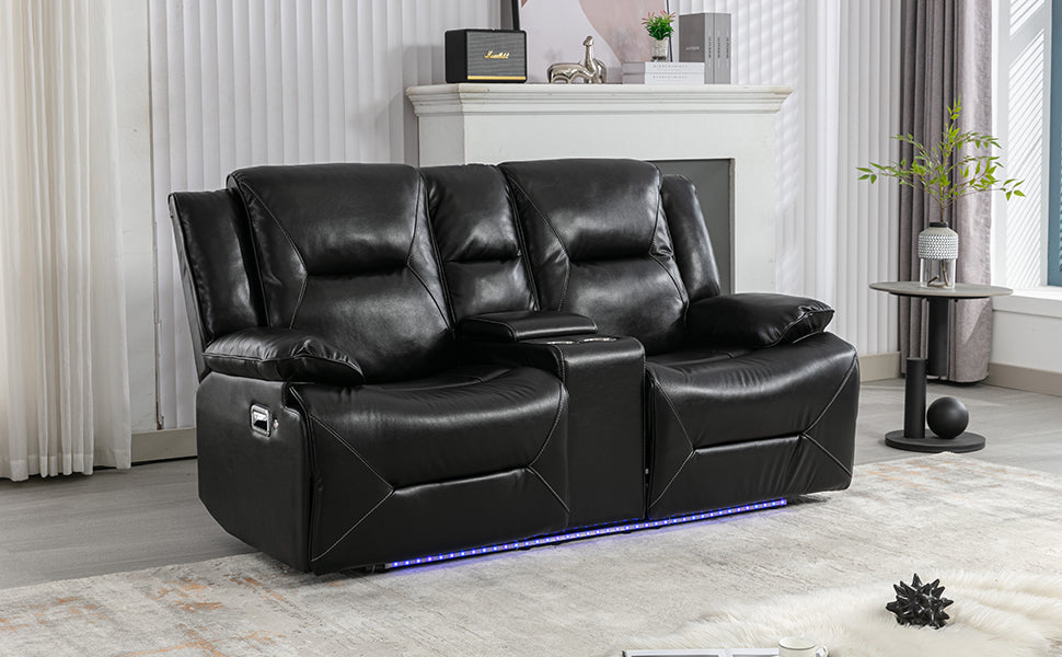 2 Seater Home Theater Recliner Manual Recliner Chair With A Led Light Strip Two Cup Holders And A Storage Box For Living Room,Bedroom, Black Black Foam Pu