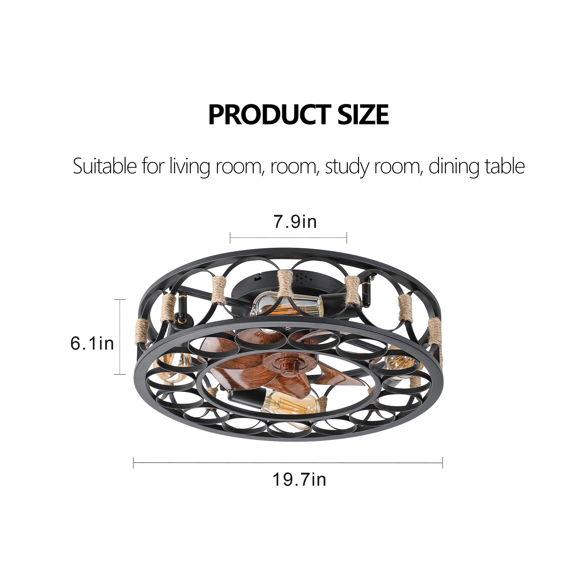 Caged Ceiling Fan With Lights Remote Control, Low Profile Flush Mount Farmhouse Modern Ceiling Fans, 6 Speeds Reversible Blades, 5 Led Bulbs Include Black Black Abs Iron